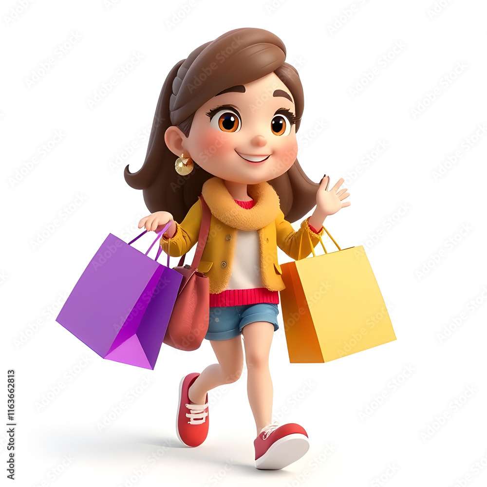 Fototapeta premium happy shopping girl with bags cartoon 3D character