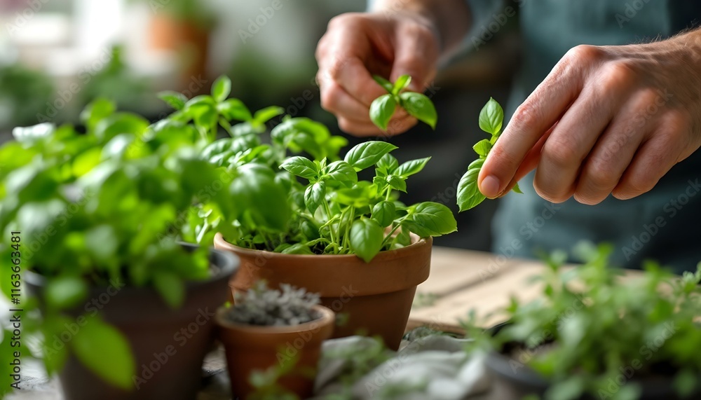 A man picks herbs from a pot, reflecting his interest in using fresh, plant-based ingredients for culinary purposes A man picks herbs from a pot, reflecting his interest in using fresh, plant-based ingredients for culinary purposes