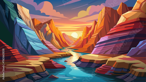 A quiet canyon with colorful rock layers, a small stream cutting through the valley floor, and the soft light of the setting sun illuminating the cliffs