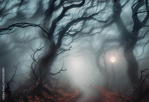 spooky forest in the fog