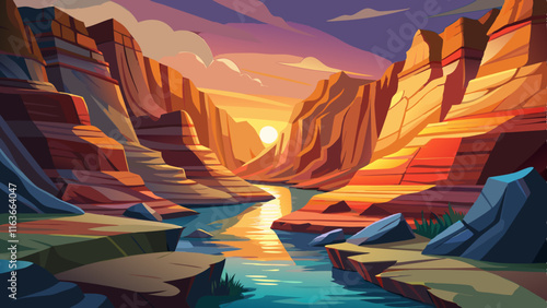 A quiet canyon with colorful rock layers, a small stream cutting through the valley floor, and the soft light of the setting sun illuminating the cliffs