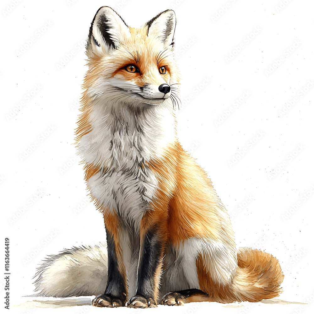 Obraz premium A Majestic Red Fox Sitting, Digitally Painted in Watercolor Style.