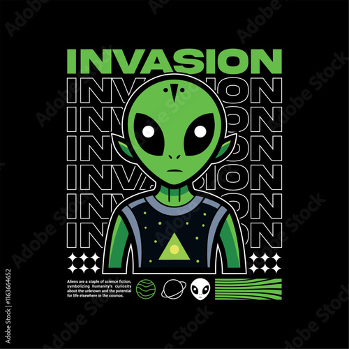 alien t-shirt vector design with text "invasion". streetwear and Urban style on black background
