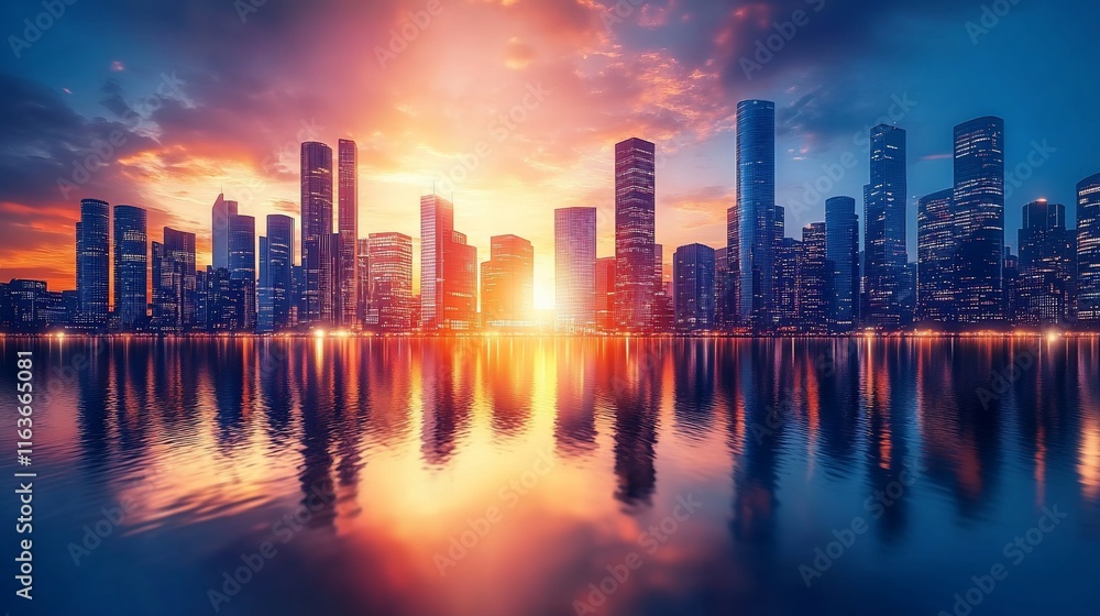 Fototapeta premium Dramatic sunset over a modern city skyline reflected in calm water.