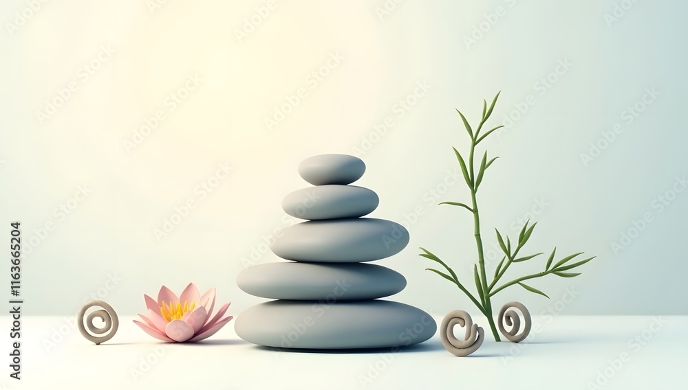 Spa stones and flower create a zen balance of stacked pebbles, a harmonious meditation concept for wellness and beauty Spa stones and flower create a zen balance of stacked pebbles, a harmonious meditation concept for wellness and beauty