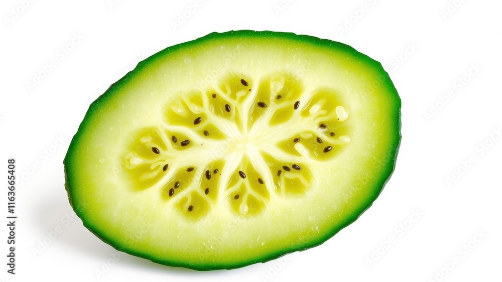 A perfectly sliced piece of vibrant green fruit, showcasing its inner detail and tiny seeds arranged in a symmetrical pattern, isolated on a pure white background. A perfectly sliced piece of vibrant green fruit, showcasing its inner detail and tiny seeds arranged in a symmetrical pattern, isolated on a pure white background.