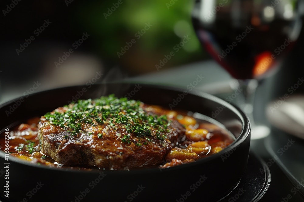 Fototapeta premium Juicy beef steak simmering in rich sauce, garnished with fresh herbs and served with a glass of red wine.