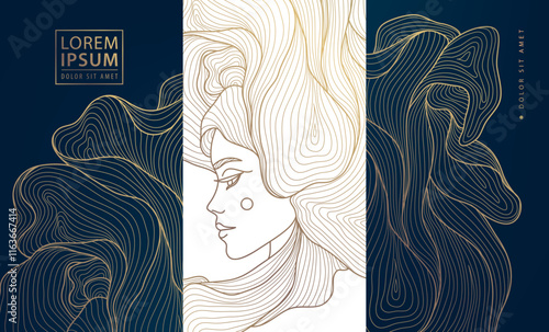 Vector woman art deco line logo, face beauty female illustration, goddess label, classic nouveau graphic.