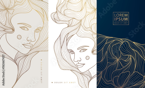 Vector woman art deco line logo, face beauty female illustration, goddess label, classic nouveau graphic.