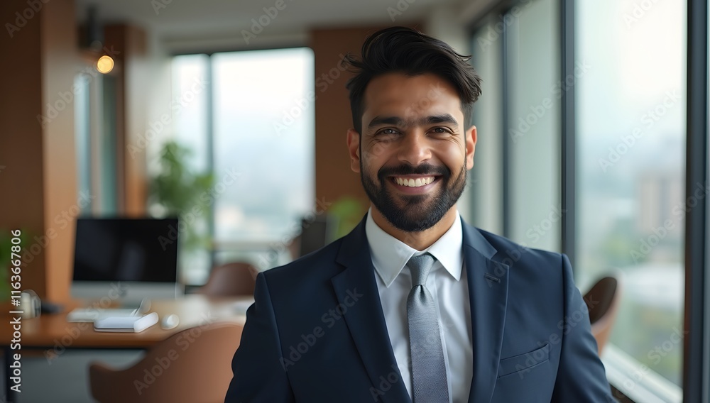 Fototapeta premium A confident businessman smiling in a suit at the office