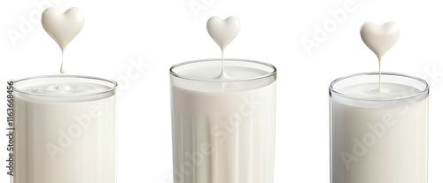 High-Quality PNG milk glasses with heart shaped cream drizzle, isolated on white background