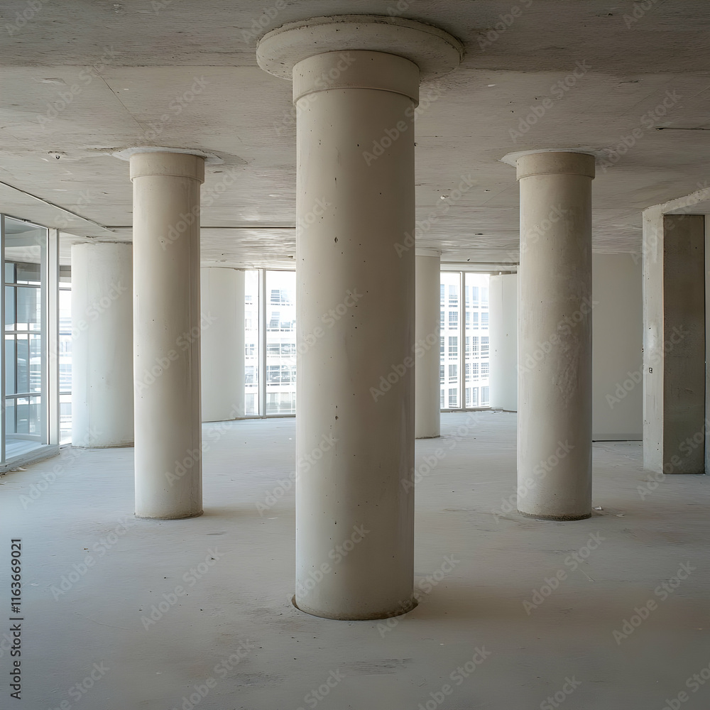 Modern Building Interior, Concrete Pillars Modern Building Interior, Concrete Pillars