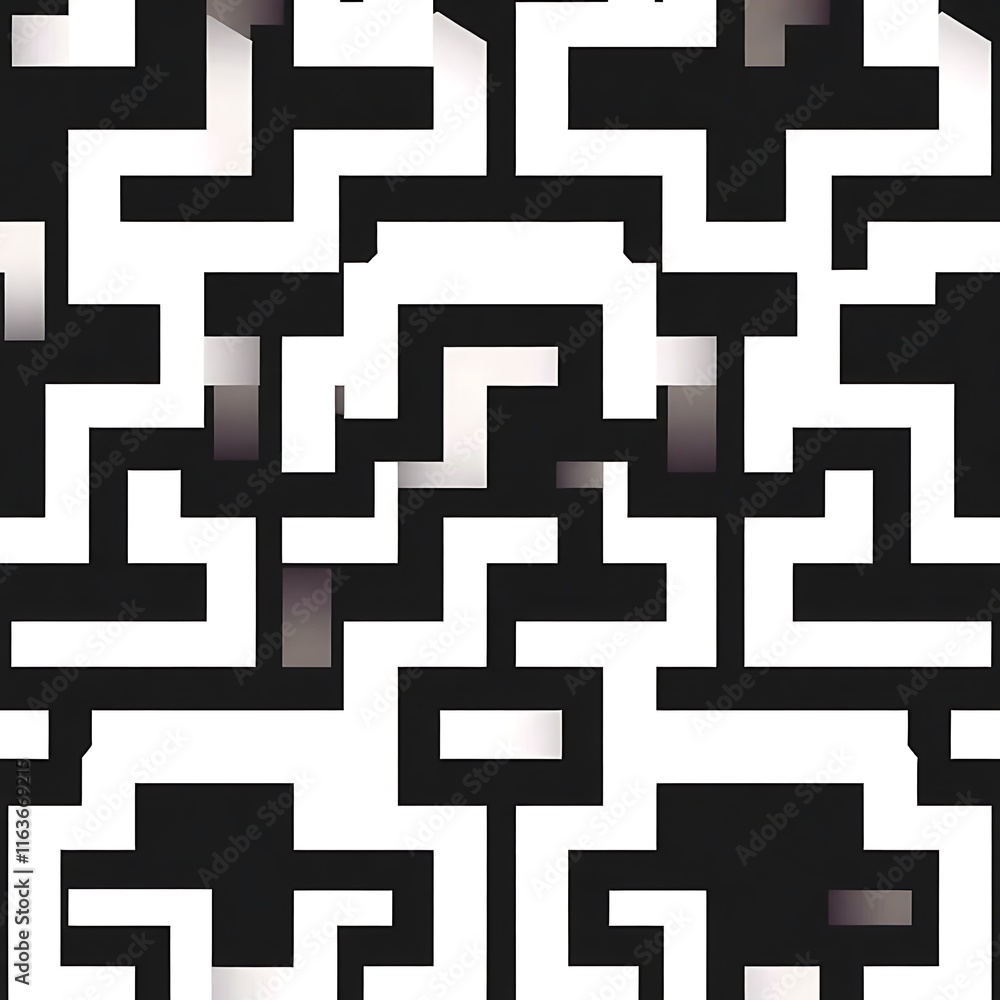 Abstract Maze: A complex labyrinth of black and white pathways creates a visually stimulating and thought-provoking image. Ideal for designs needing a sense of complexity and challenge. 