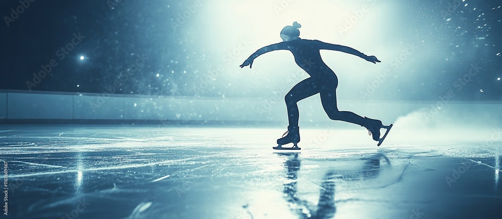 Fototapeta premium Female figure skater gliding across ice rink.