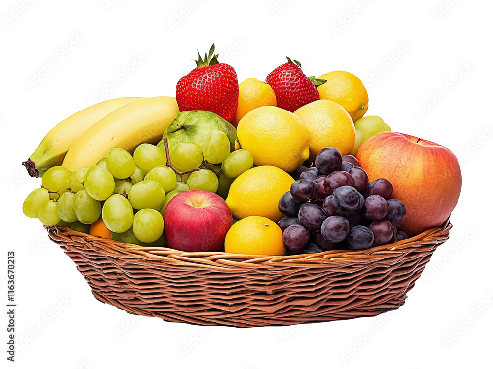 High-Quality PNG wicker basket of fresh fruit on white background High-Quality PNG wicker basket of fresh fruit on white background