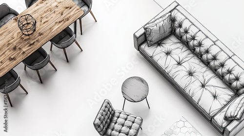 Aerial layout of sketches showcasing industrial living room furniture such as a sleek sofa, contemporary armchair, and a dining set photo