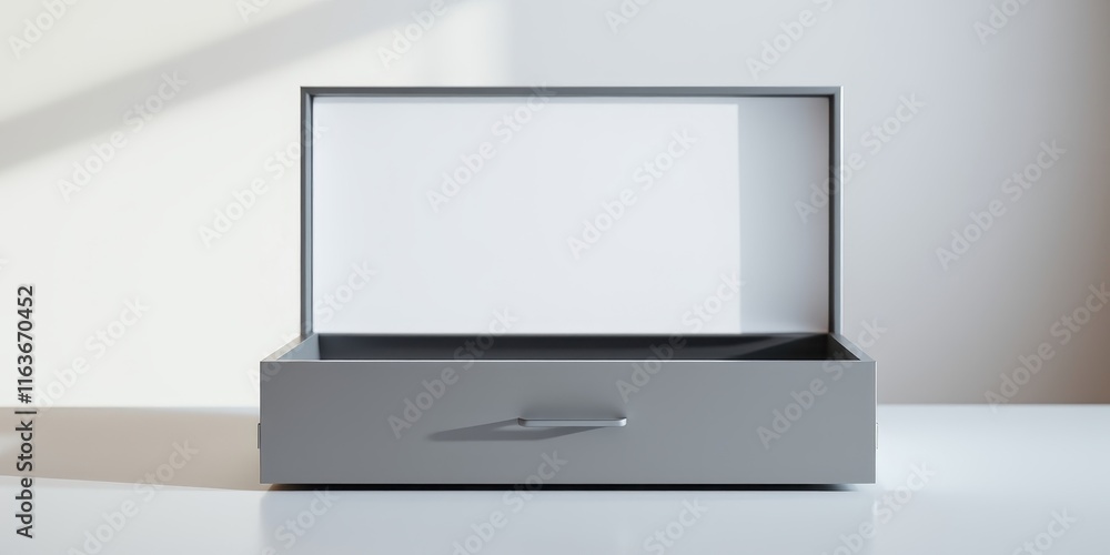 Empty Gray Box with Open Lid on White Surface Empty Gray Box with Open Lid on White Surface