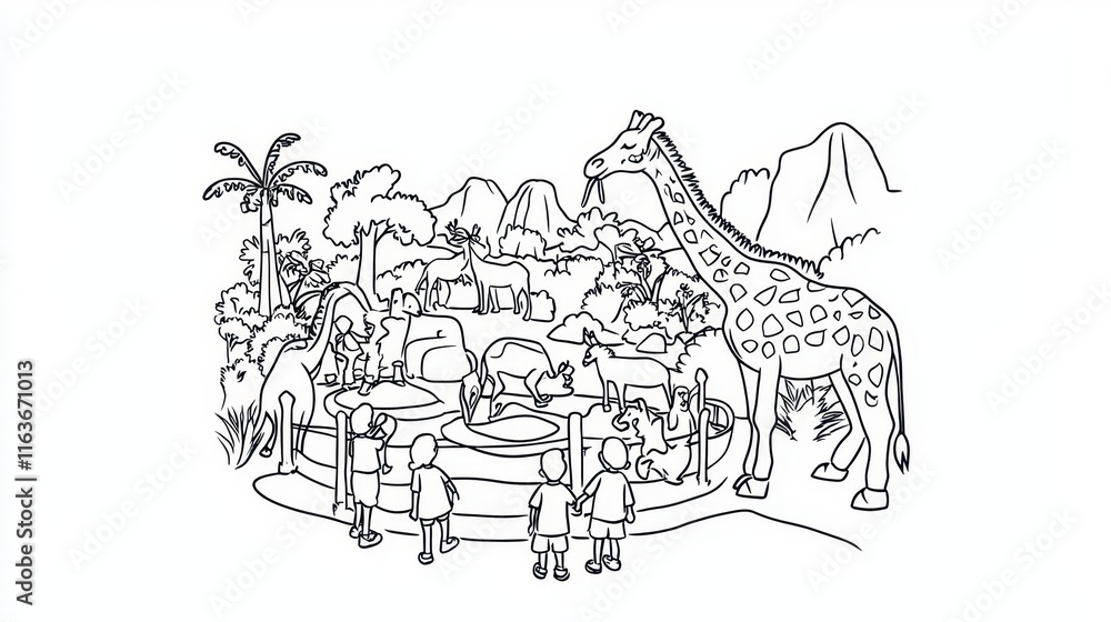 Fototapeta premium A bustling zoo coloring book page featuring families visiting animals like giraffes, lions, and penguins in their enclosures. Add zookeepers feeding animals and intricate details on the animal 