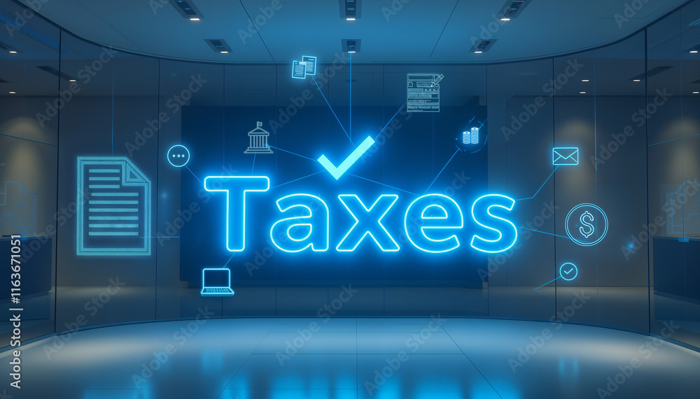 Taxes glowing text banner with financial icons and green screen background Taxes glowing text banner with financial icons and green screen background
