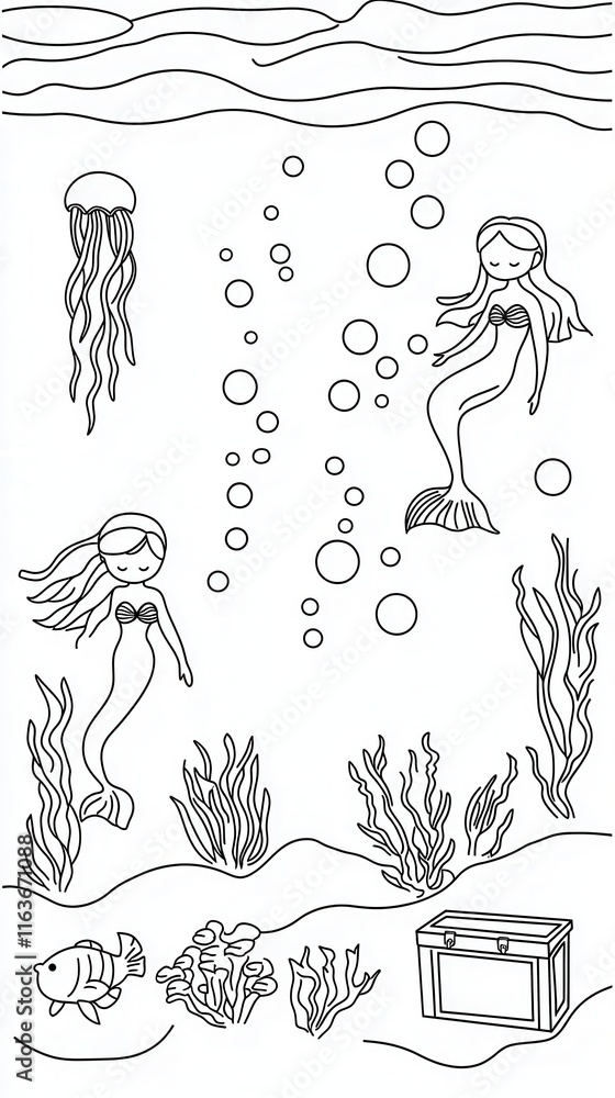 Fototapeta premium A calming underwater coloring book scene with mermaids lounging near coral reefs, schools of fish swimming by, and treasure chests half-buried in the sand. Include jellyfish floating gently
