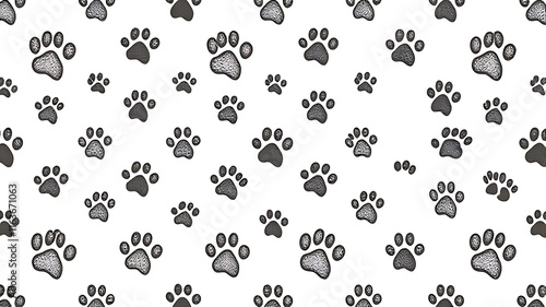 Seamless paw print pattern, cat, dog paw, white background photo