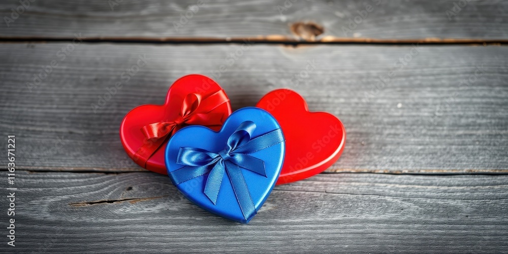 Fototapeta premium Heart-shaped gift boxes with ribbons on rustic wood