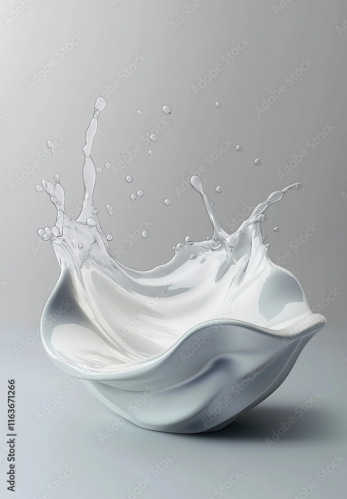 3D rendering of a milk splash on a white background with flying liquid drops and a wave-shaped design, perfect for dairy product illustrations, packaging, or advertising visuals 3D rendering of a milk splash on a white background with flying liquid drops and a wave-shaped design, perfect for dairy product illustrations, packaging, or advertising visuals