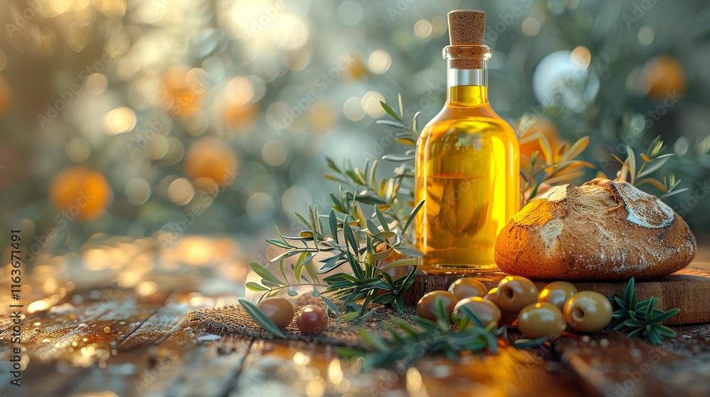 A rustic arrangement featuring olive oil, olives, herbs, and bread, perfect for culinary inspiration A rustic arrangement featuring olive oil, olives, herbs, and bread, perfect for culinary inspiration
