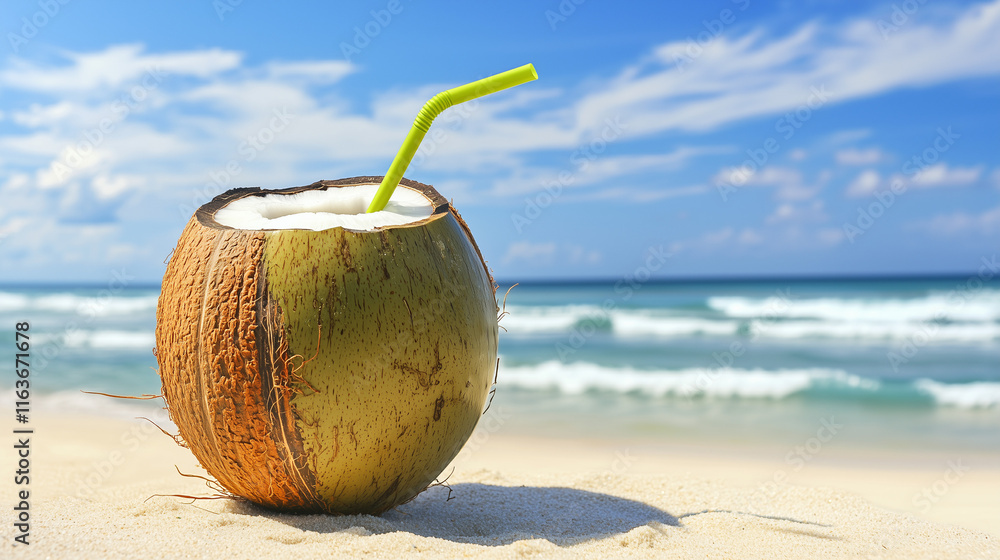 A fresh coconut with the top sliced off, served with a straw and placed on a sandy beach, with ocean waves gently crashing in the background, evoking a serene tropical beach atmosphere A fresh coconut with the top sliced off, served with a straw and placed on a sandy beach, with ocean waves gently crashing in the background, evoking a serene tropical beach atmosphere