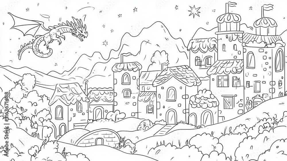 A coloring book illustration of a fantasy dragon flying over a medieval village, with a knight standing heroically on a hill. Add tiny details like villagers looking up, smoke coming from chimneys, A coloring book illustration of a fantasy dragon flying over a medieval village, with a knight standing heroically on a hill. Add tiny details like villagers looking up, smoke coming from chimneys,