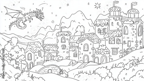 Wallpaper Mural A coloring book illustration of a fantasy dragon flying over a medieval village, with a knight standing heroically on a hill. Add tiny details like villagers looking up, smoke coming from chimneys,  Torontodigital.ca