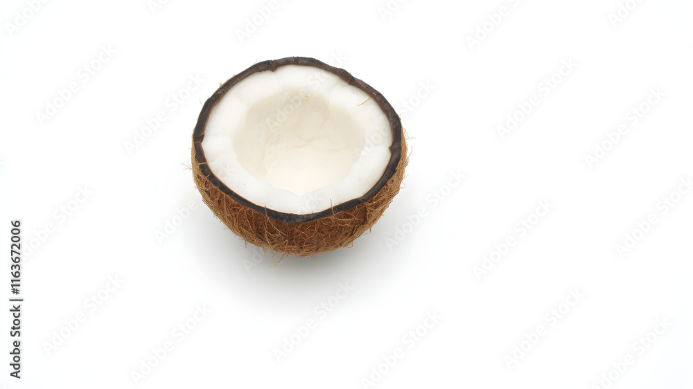 An intact circular coconut with a milky background and completely empty An intact circular coconut with a milky background and completely empty