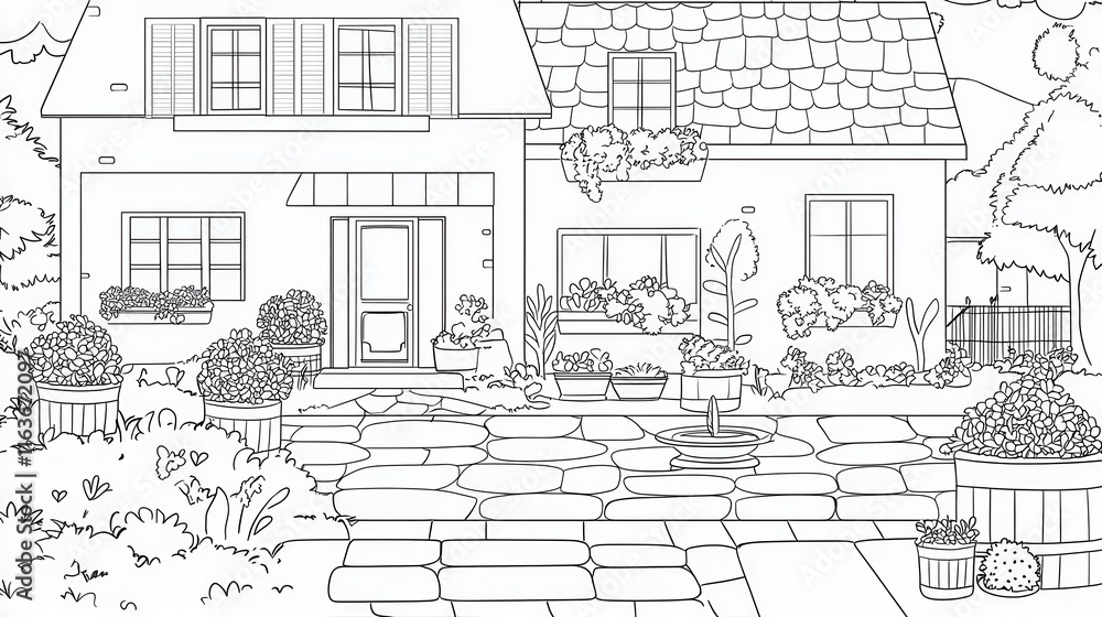Fototapeta premium A cozy village coloring book scene featuring cobblestone streets, thatched-roof cottages, and a town square with a fountain. Add villagers carrying baskets, flowers blooming in window boxes,