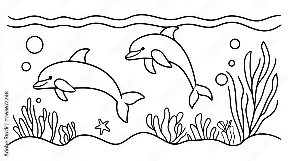 Obraz premium A cute coloring book design of an underwater scene featuring happy fish, playful dolphins, and majestic sea turtles swimming around vibrant coral reefs. Add small details like starfish, seashells,
