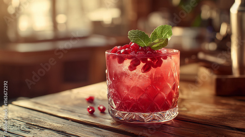 A vibrant red pomegranate juice in a clear glass, garnished with fresh pomegranate seeds and a sprig of mint, placed on a rustic wooden table with soft morning light filtering through the window. photo