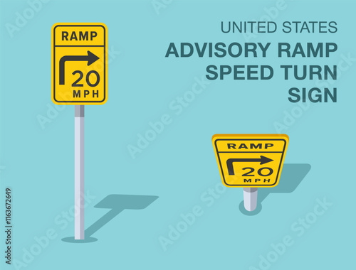 Traffic regulation rules. Isolated United States "advisory ramp speed turn" road sign. Front and top view. Flat vector illustration template.
