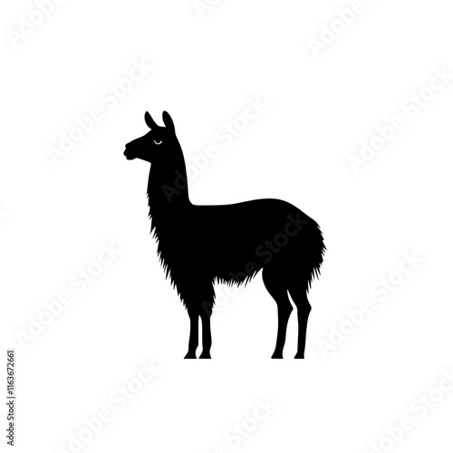 Llama Silhouette in Minimalist Style, Black and white silhouette of a llama standing, featuring its characteristic fur and pointed ears in a clean, minimal design.

