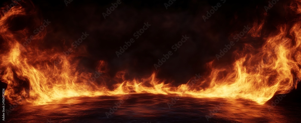 Panoramic Dramatic Fire and Smoke Effect: Glowing Red and Yellow Colors Exploding Outwards with Center Space, Creating a Vivid and Hot Hell Abstract or Blazing Fire Background, Wallpaper, Suitable for Panoramic Dramatic Fire and Smoke Effect: Glowing Red and Yellow Colors Exploding Outwards with Center Space, Creating a Vivid and Hot Hell Abstract or Blazing Fire Background, Wallpaper, Suitable for
