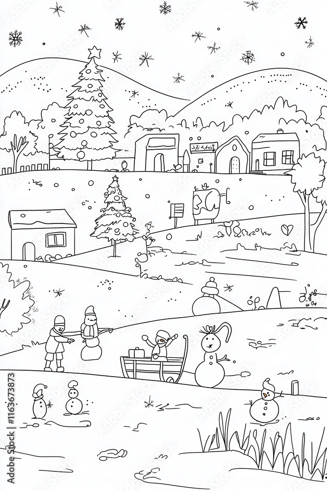 custom made wallpaper toronto digitalA festive holiday-themed coloring book page featuring a snow-covered village with a Christmas tree in the town square, children building snowmen, and reindeer pulling a sleigh. Add twinkling