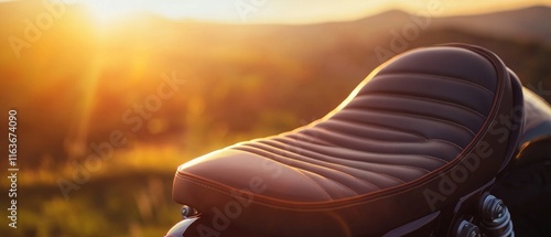 Close-up of a motorcycle seat at sunset.