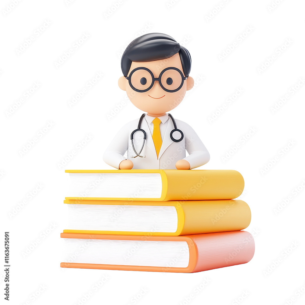 A cartoon doctor figure wearing glasses stands atop colorful stacked books, symbolizing education and healthcare. A cartoon doctor figure wearing glasses stands atop colorful stacked books, symbolizing education and healthcare.