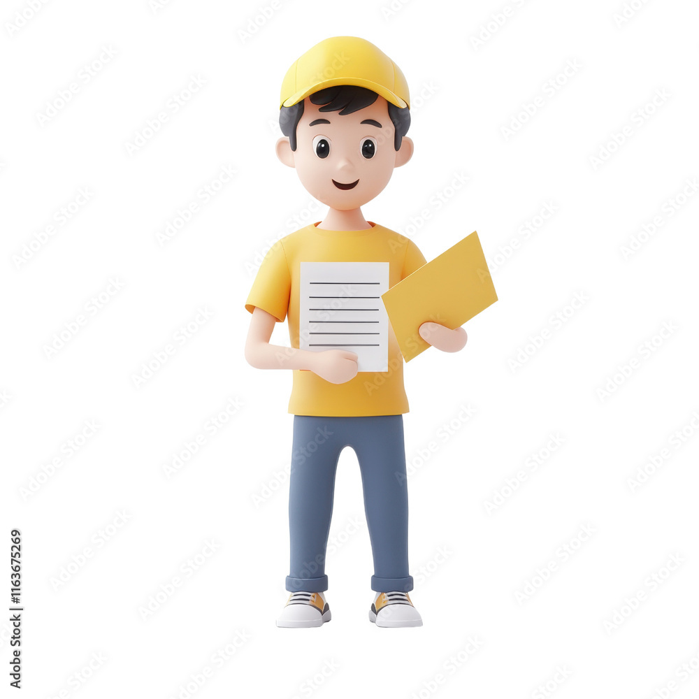 A cheerful young character holding documents and an envelope, dressed in a yellow shirt and cap. A cheerful young character holding documents and an envelope, dressed in a yellow shirt and cap.