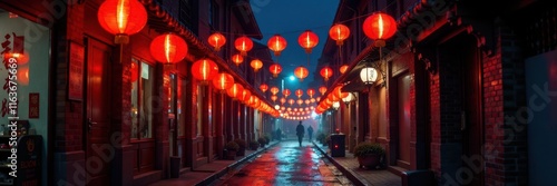 Red lanterns illuminate Chinatown alleyway at night, photography, night, stock photo photo