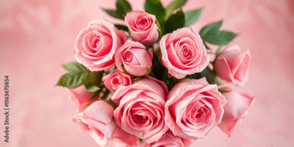 A Delicate Bouquet of Pink Roses with Water Droplets A Delicate Bouquet of Pink Roses with Water Droplets