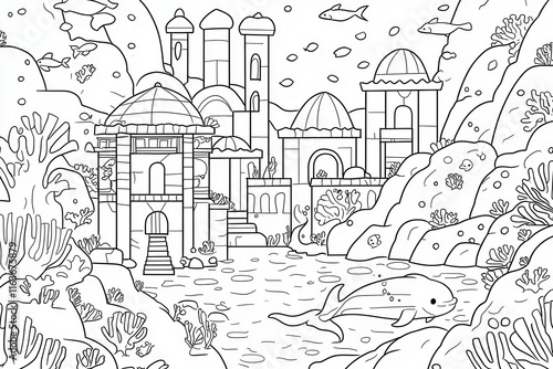 Wallpaper Mural A lively underwater city for a coloring book showing mermaids shopping in markets, dolphins transporting goods, and coral houses glowing with bioluminescent lights. Include tiny fish swimming  Torontodigital.ca