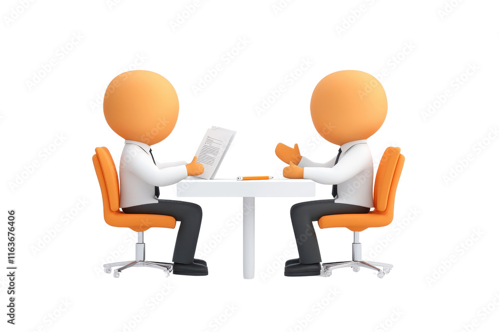 Two cartoon figures engage in a discussion across a table, each holding documents, seated in orange chairs. Two cartoon figures engage in a discussion across a table, each holding documents, seated in orange chairs.