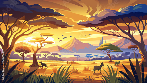 A remote savanna with tall grasses glowing golden in the afternoon light, herds of antelope grazing, and acacia trees dotting the landscape