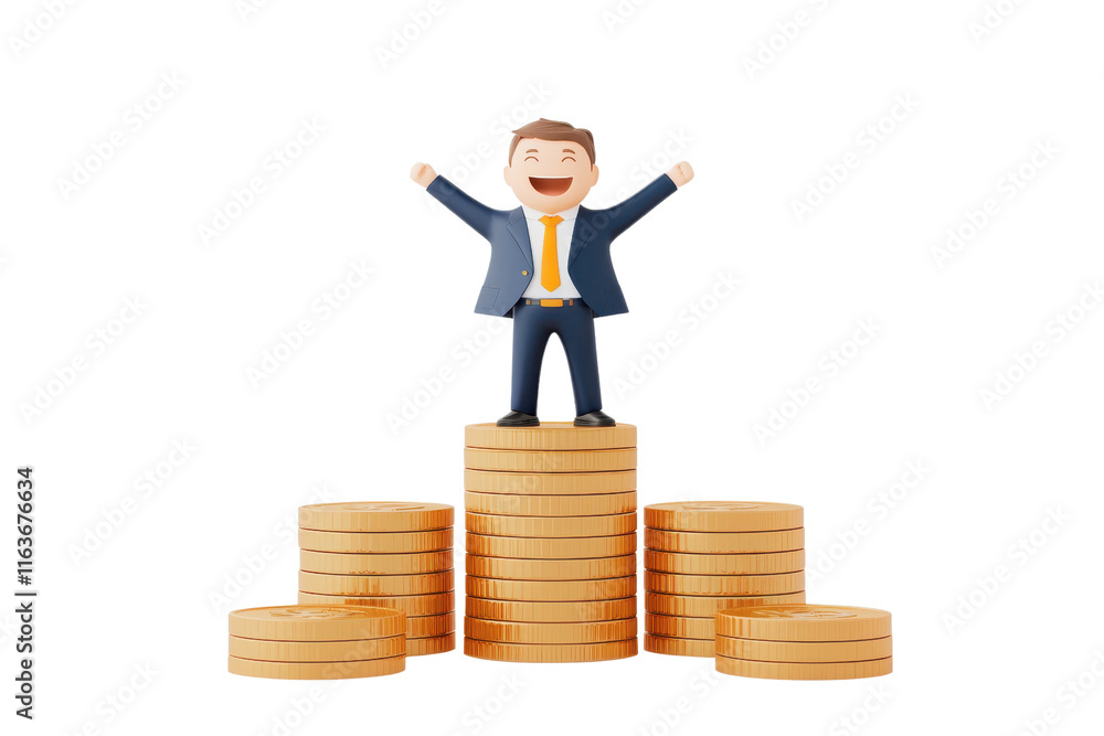 A cheerful businessman stands triumphantly on a stack of coins, celebrating financial success and achievement. A cheerful businessman stands triumphantly on a stack of coins, celebrating financial success and achievement.