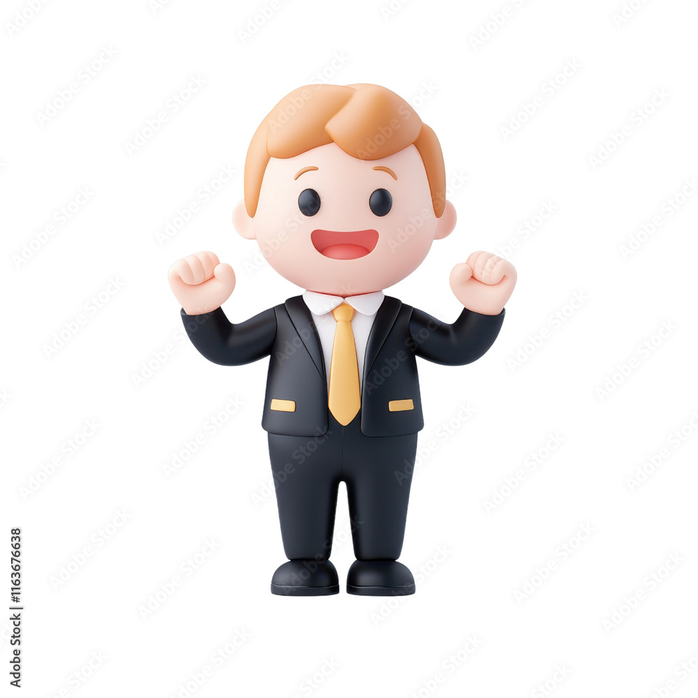 A cheerful cartoon character in a black suit with a yellow tie, celebrating with raised hands and a big smile. A cheerful cartoon character in a black suit with a yellow tie, celebrating with raised hands and a big smile.