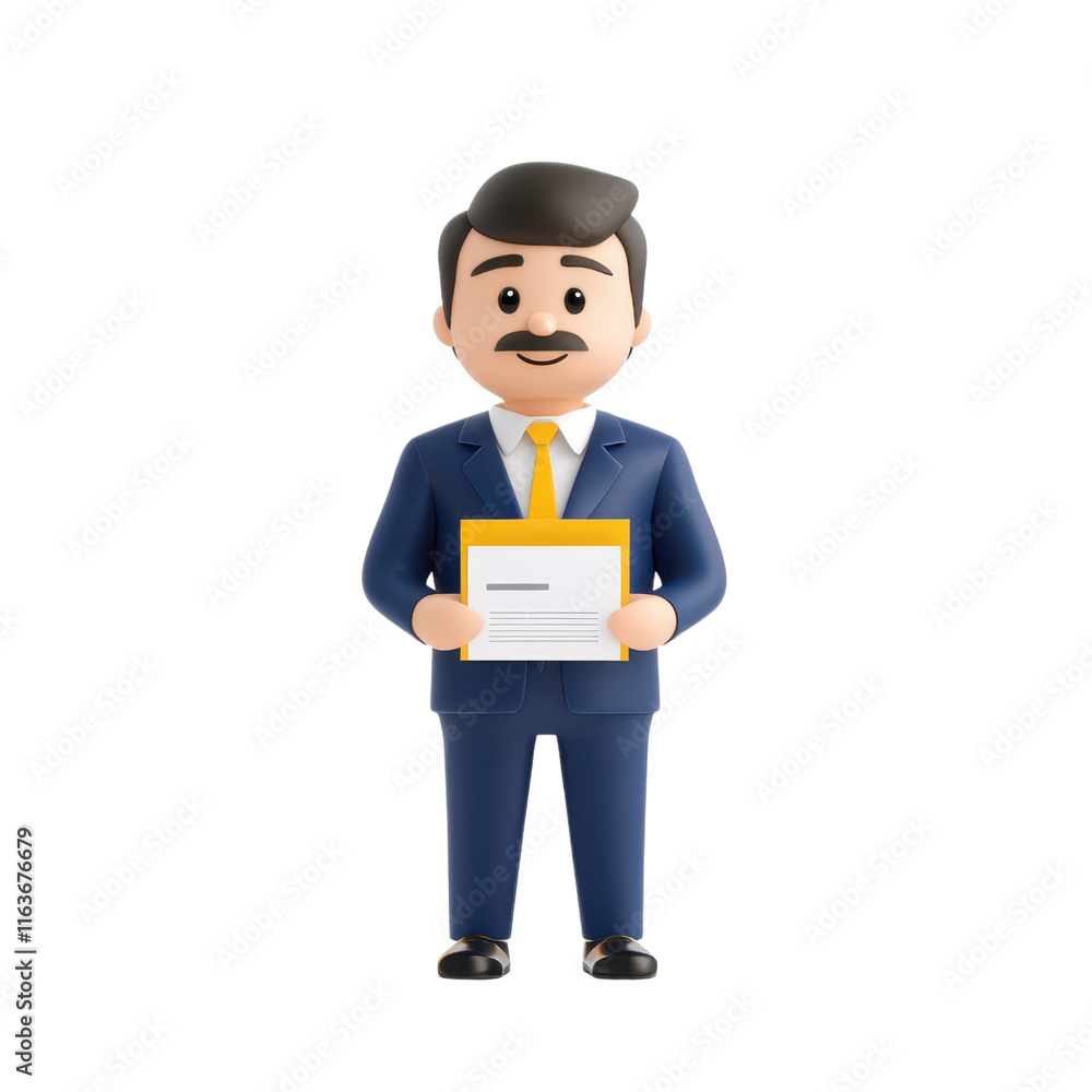 A cartoonish businessman in a suit holding a document, featuring a mustache and friendly expression. A cartoonish businessman in a suit holding a document, featuring a mustache and friendly expression.